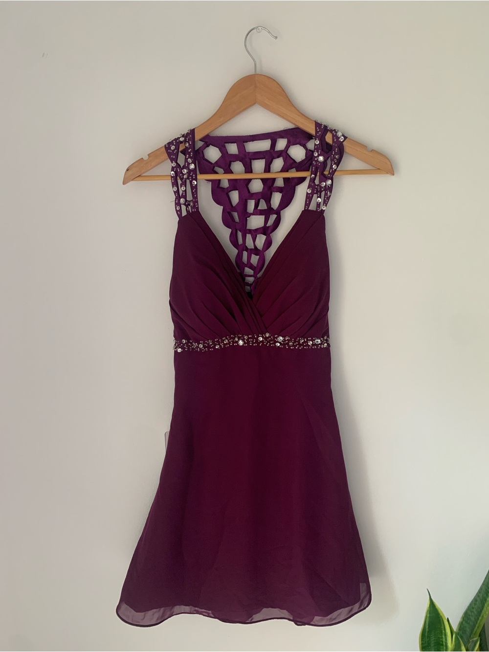 JJs House Plum Beaded Lattice-Back Mini Dress